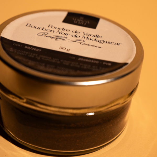 Bocal verre poudre de vanille bourbon noire Madagascar qualité premium